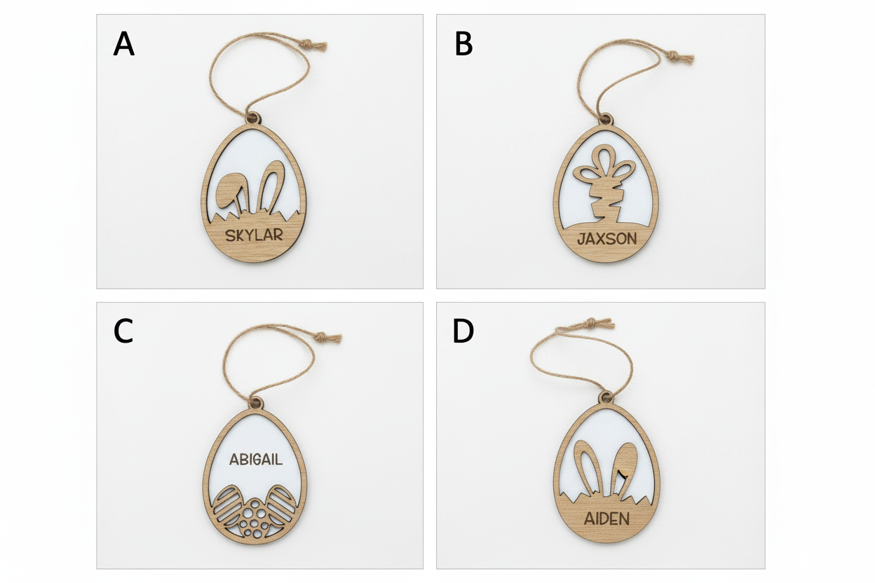 2x2 grid of Easter ornaments labeled A B C D