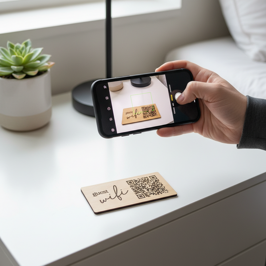 Person using a smartphone to scan a QR code on a wooden sign with 'Guest Wifi' text.