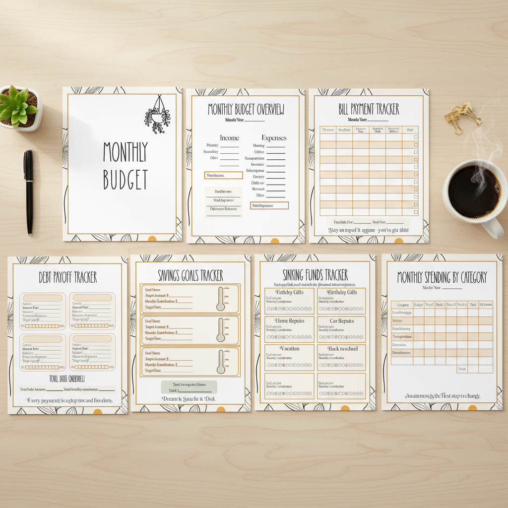 Monthly Budget Binder 7-page printable bundle with botanical design showing all pages fanned out