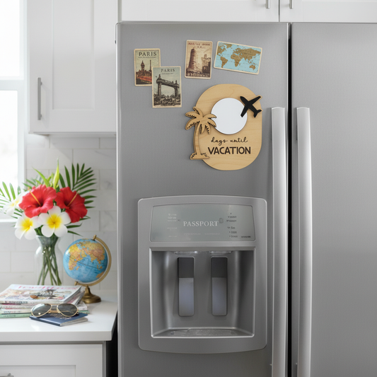 Vacation Countdown Dry Erase Magnet in travel-inspired setting