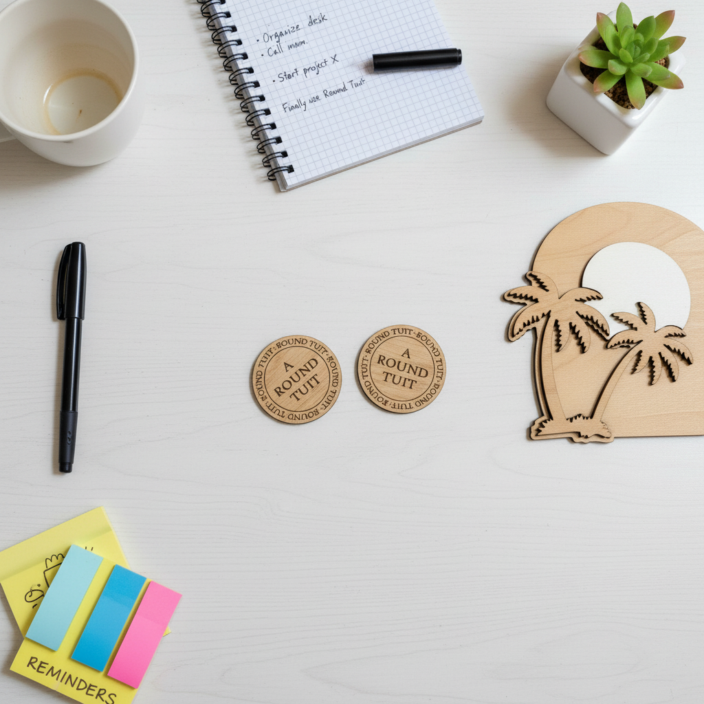 Desk with wooden coasters, pen, notebook, and plant on a light surface