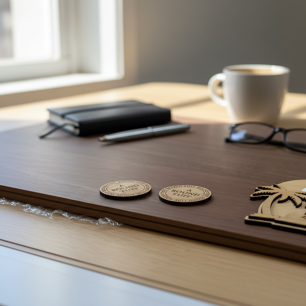 Desk setup with a notebook, pen, mug, glasses, and decorative items on a wooden surface.