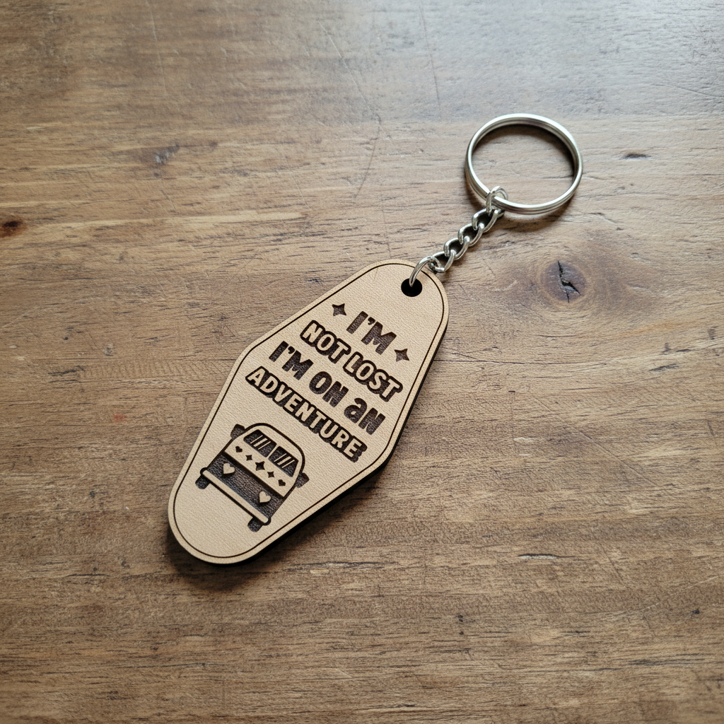 Adventure Keychain on Wood Background