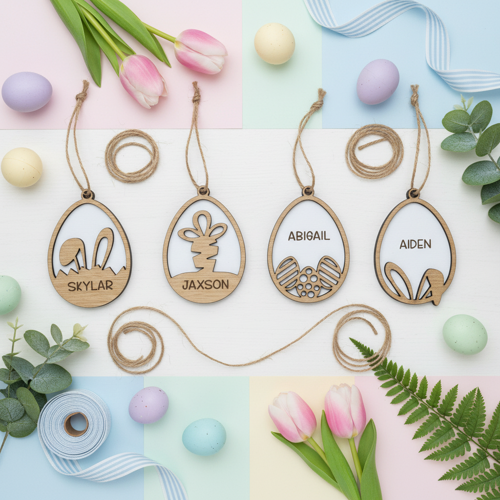 All 4 Easter Basket Tags with twine bird's eye view