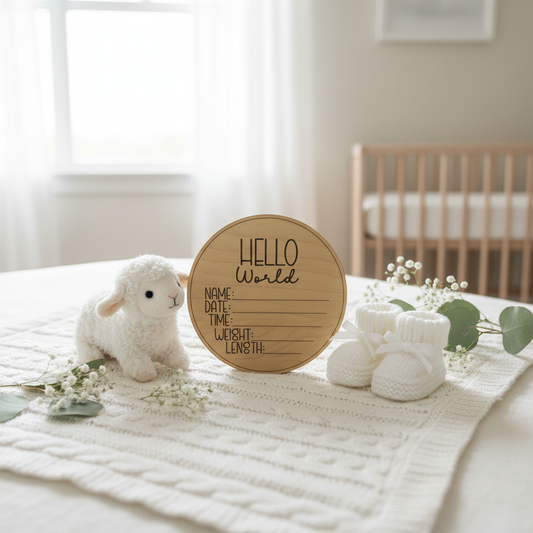 Birth Announcement Disc in soft nursery setting
