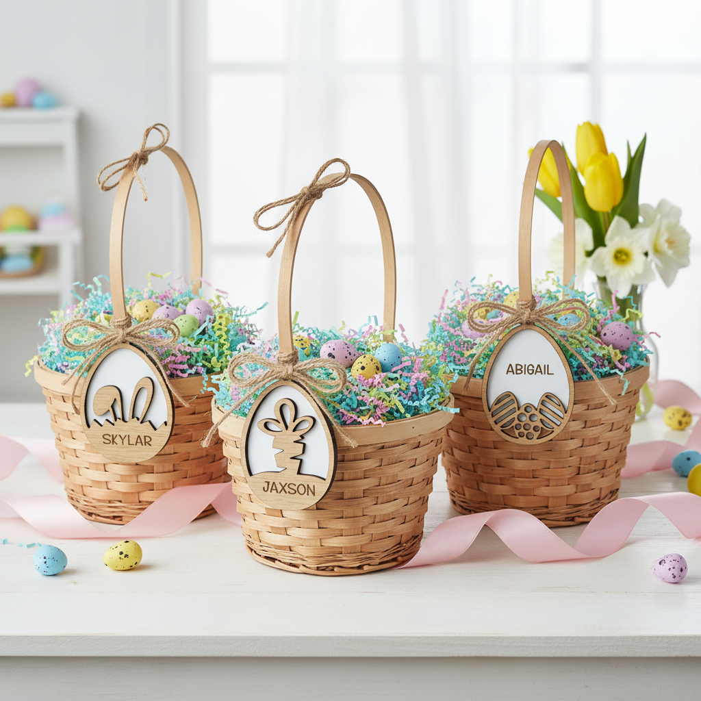 Easter Basket Tags tied to baskets with twine