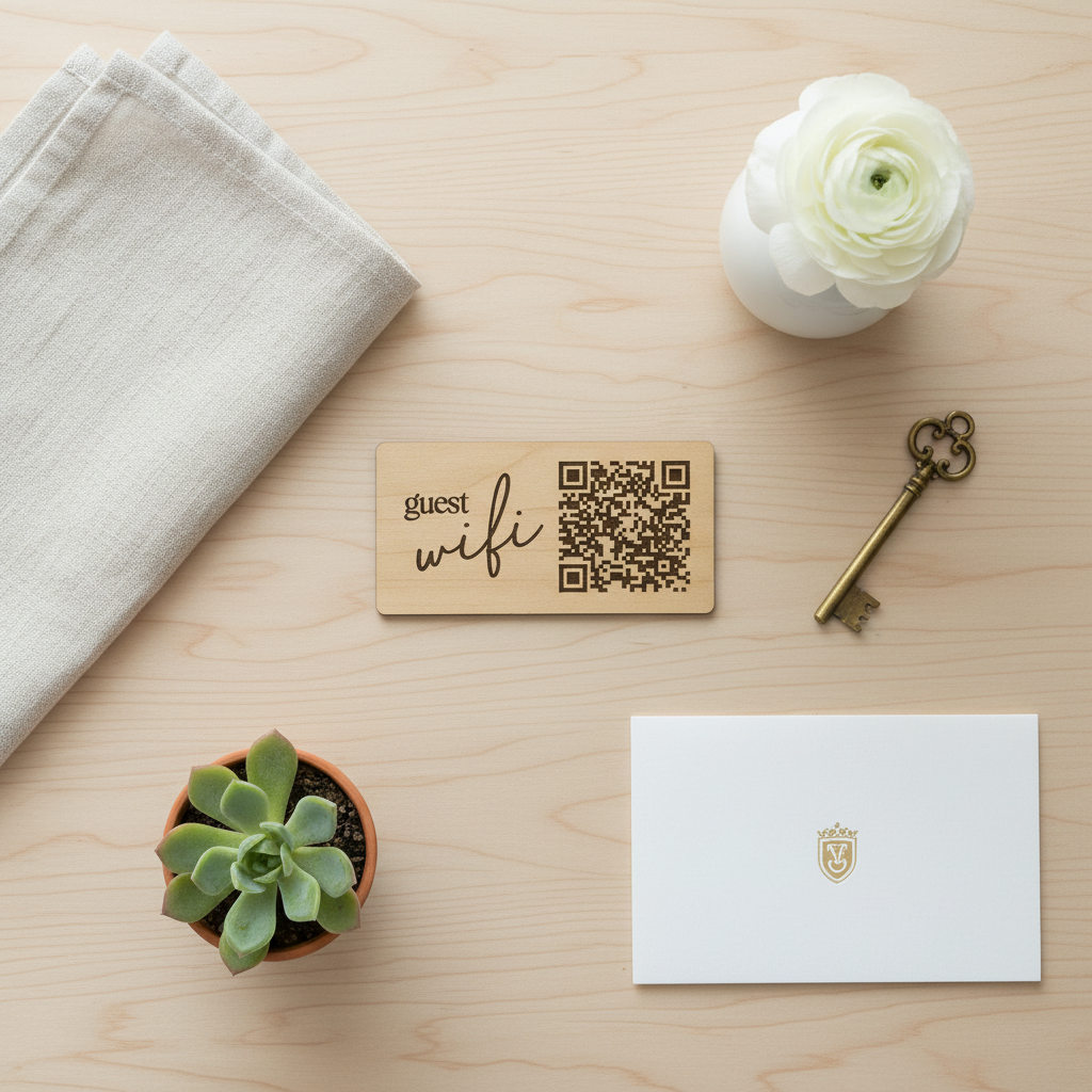 Guest WiFi sign with QR code on a wooden surface with a flower, key, and card.
