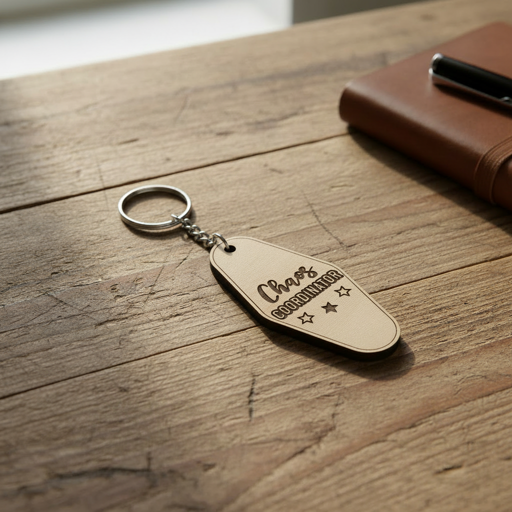 Chaos Coordinator keychain on wooden desk background