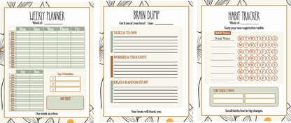 Productivity Printable Bundle showing Weekly Planner, Brain Dump Worksheet, and Habit Tracker side by side with matching botanical design