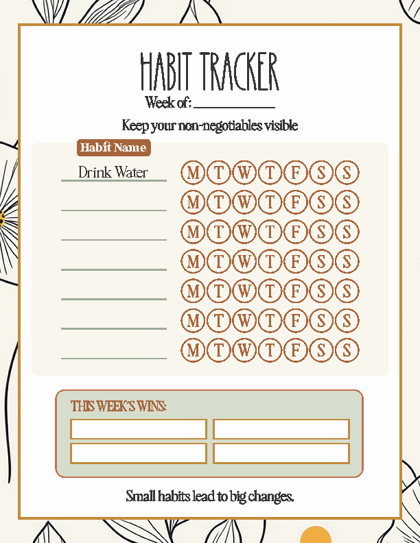 Habit Tracker printable with botanical design, featuring weekly day circles and a This Week's Wins section