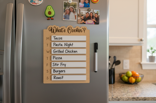 Meal planner on fridge with meals written in