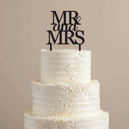 Mr and Mrs cake topper on wedding cake with solid background