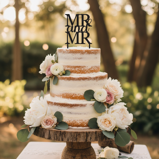 Mr & Mr Cake Topper on Naked Cake with Flowers - Two Picks