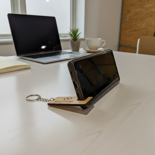 Phone stand keychain in office setting