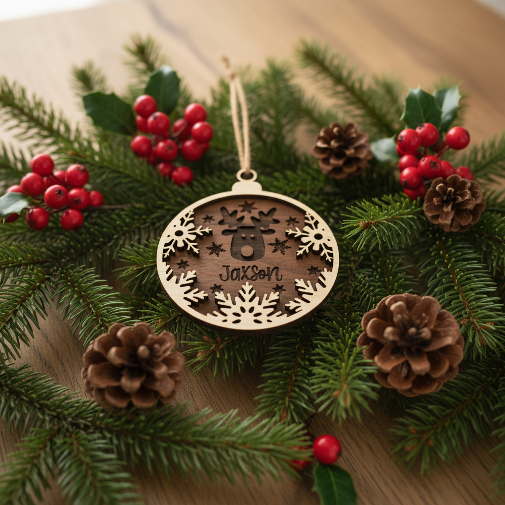 Reindeer Ornament on Evergreen Branches