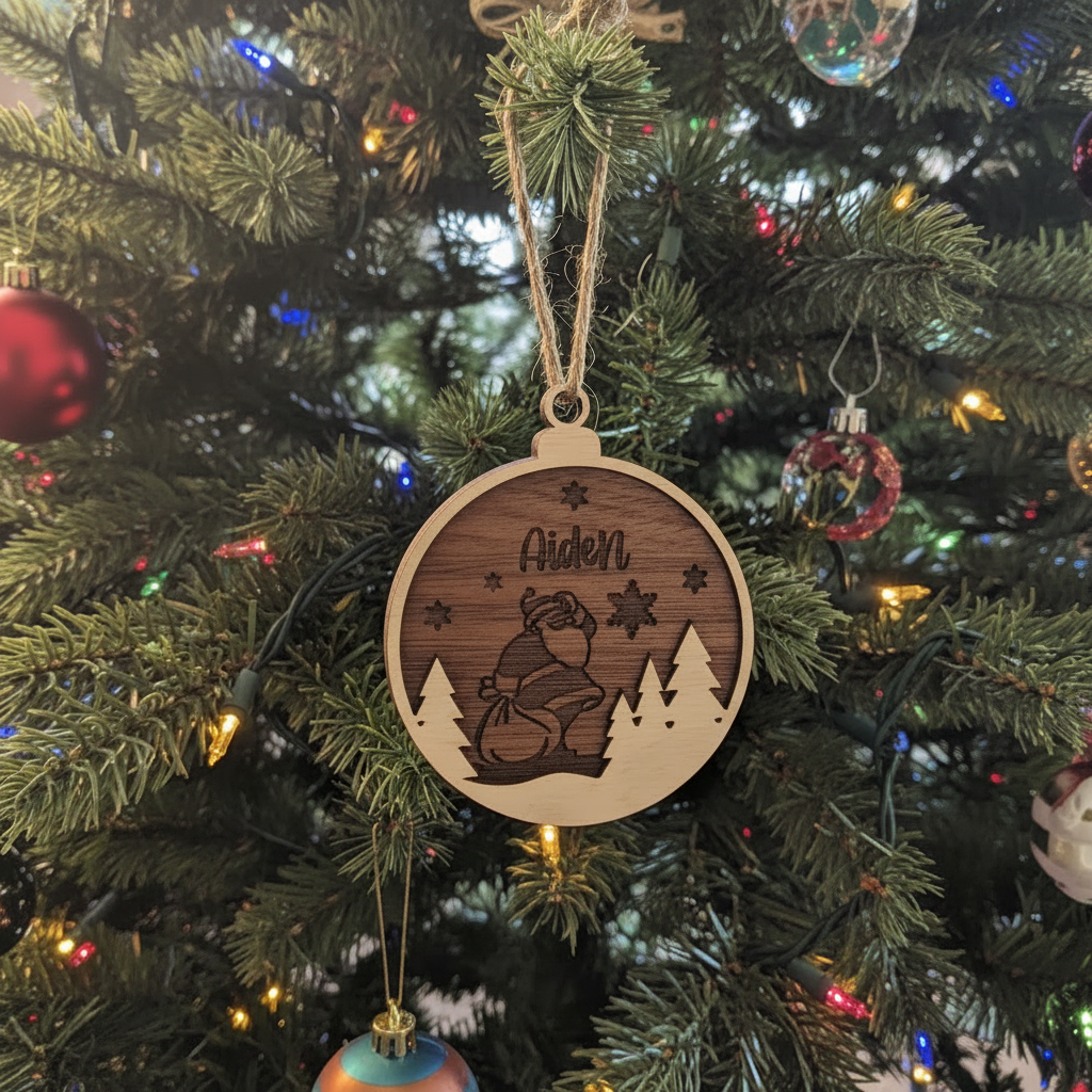 Walnut Christmas Ornament on Tree - Lighter