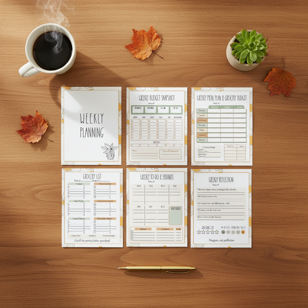 Weekly Planning 6-page printable bundle showing all pages on a warm wooden desk with coffee and autumn leaves
