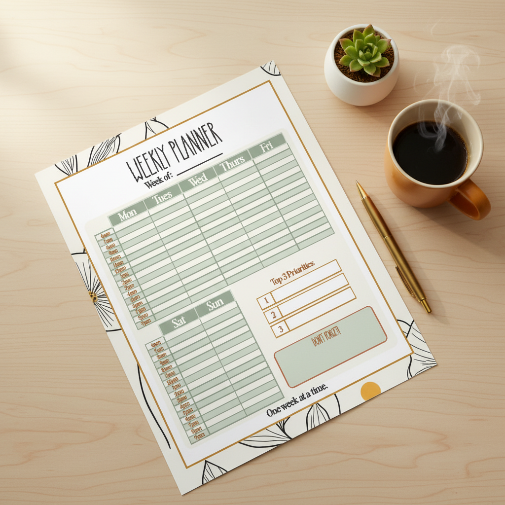 Weekly Planner Printable — Time-Blocked Layout with Top 3 Priorities
